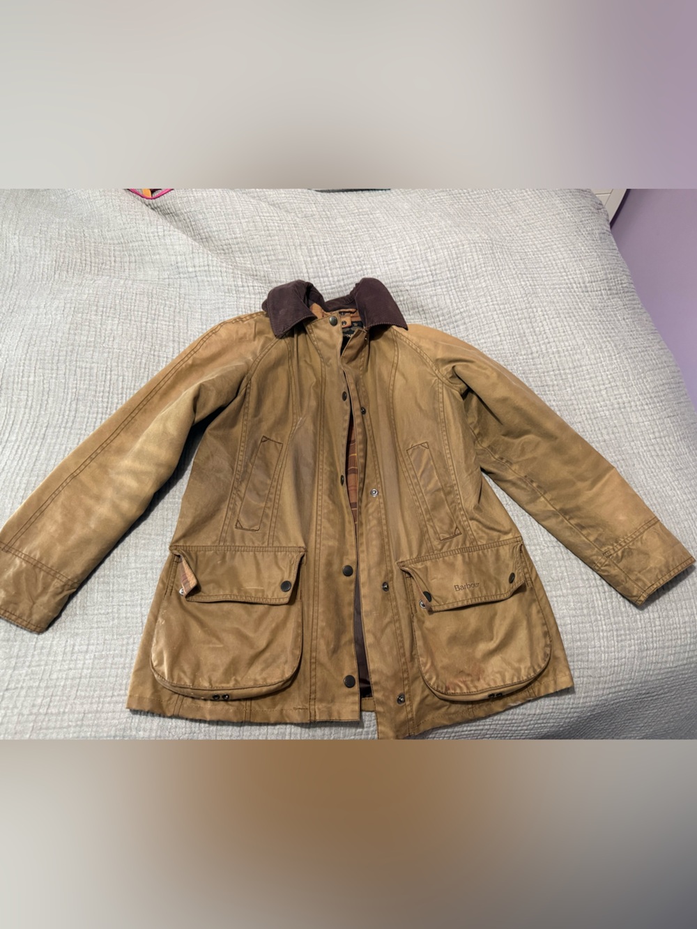 Barbour Tan Jacket with Brown and Rust Plaid Lining